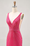 Fuchsia V-Neck Beaded Bodycon Short Ball Dress