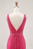 Fuchsia V-Neck Beaded Bodycon Short Ball Dress