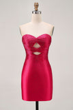 Strapless Cut Out Fuchsia Beaded Tight Short Cocktail Dress