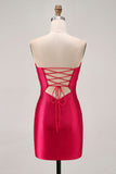 Strapless Cut Out Fuchsia Beaded Tight Short Cocktail Dress
