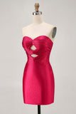 Strapless Cut Out Fuchsia Beaded Tight Short Cocktail Dress