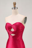 Strapless Cut Out Fuchsia Beaded Tight Short Cocktail Dress