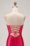 Strapless Cut Out Fuchsia Beaded Tight Short Cocktail Dress