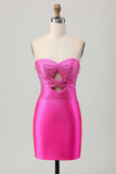 Strapless Cut Out Fuchsia Beaded Tight Short Cocktail Dress