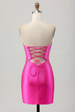 Strapless Cut Out Fuchsia Beaded Tight Short Cocktail Dress