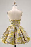 Yellow Strapless Fit and Flare Brocade A-Line Short Homecoming Dress