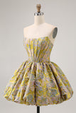 Yellow Strapless Fit and Flare Brocade A-Line Short Homecoming Dress