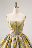 Yellow Strapless Fit and Flare Brocade A-Line Short Homecoming Dress