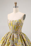 Yellow Strapless Fit and Flare Brocade A-Line Short Homecoming Dress