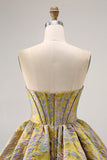 Yellow Strapless Fit and Flare Brocade A-Line Short Homecoming Dress