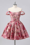 Off The Shoulder Dark Green Brocade Floral A Line Printed Homecoming Dress