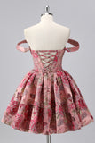 Off The Shoulder Dark Green Brocade Floral A Line Printed Homecoming Dress