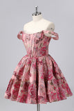 Off The Shoulder Dark Green Brocade Floral A Line Printed Homecoming Dress