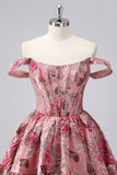Off The Shoulder Dark Green Brocade Floral A Line Printed Homecoming Dress