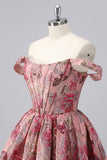 Off The Shoulder Dark Green Brocade Floral A Line Printed Homecoming Dress