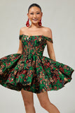 Off The Shoulder Dark Green Brocade Floral A Line Printed Homecoming Dress