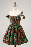 Off The Shoulder Dark Green Brocade Floral A Line Printed Homecoming Dress