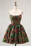 Off The Shoulder Dark Green Brocade Floral A Line Printed Homecoming Dress