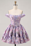Off The Shoulder Dark Green Brocade Floral A Line Printed Homecoming Dress