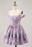 Off The Shoulder Dark Green Brocade Floral A Line Printed Homecoming Dress