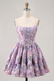Off The Shoulder Dark Green Brocade Floral A Line Printed Homecoming Dress