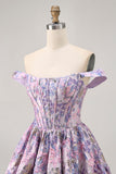 Off The Shoulder Dark Green Brocade Floral A Line Printed Homecoming Dress