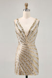 Sparkly Golden Bodycon Sequins V-Neck Cocktail Dress