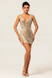 Sparkly Golden Bodycon Sequins V-Neck Cocktail Dress