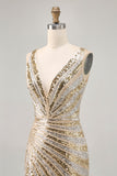Sparkly Golden Bodycon Sequins V-Neck Cocktail Dress