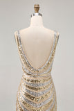 Sparkly Golden Bodycon Sequins V-Neck Cocktail Dress