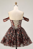 Khaki Leopard Off the Shoulder Corset A Line Mini Homecoming Dress