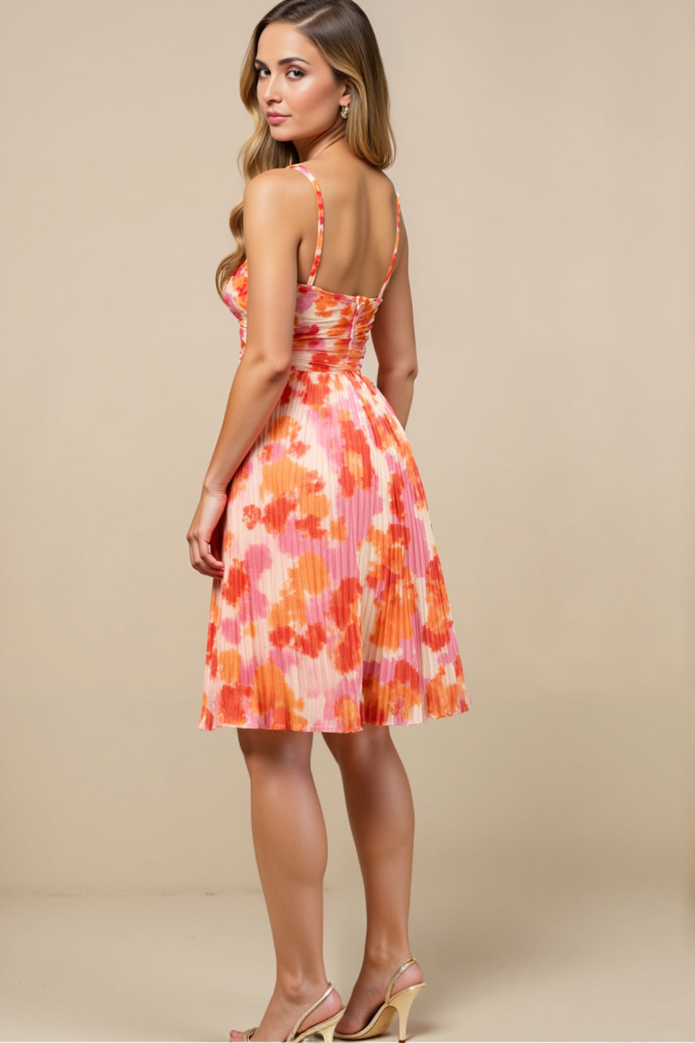 Zapaka Women Orange Flower Midi Wedding Guest Dress A-Line
