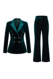 Dark Green Peak Lapel 2-Piece Velvet Double Breasted Women Prom Suits