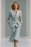 Grey Pencil Peak Lapel 2 Piece Midi Business Suits with Belt