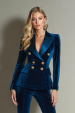 Royal Blue 2 Piece Velvet Peak Lapel Women Ball Suits with Sleeves