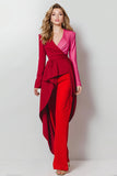 Red 2 Piece Satin Shawl Lapel Women Ball Suits with Sleeves