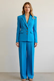 Blue 2 Piece Notched Lapel Satin Women Ball Suits