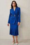 Royal Blue Ruffled Notched Lapel 2 Piece Women Suits with Belt