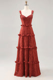 Floral Terracotta Ruffled A Line Long Wedding Guest Dress