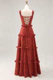 Floral Terracotta Ruffled A Line Long Wedding Guest Dress