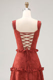 Floral Terracotta Ruffled A Line Long Wedding Guest Dress