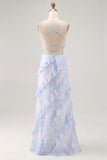 Blue Flower Spaghetti Straps Printed Wedding Guest Dress with Ruffles