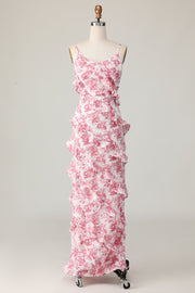 Blush Flower Sheath Spaghetti Straps Ruffled Long Wedding Guest Dress with Slit