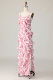 Blush Flower Sheath Spaghetti Straps Ruffled Long Wedding Guest Dress with Slit
