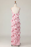 Blush Flower Sheath Spaghetti Straps Ruffled Long Wedding Guest Dress with Slit