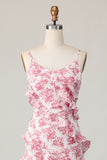 Blush Flower Sheath Spaghetti Straps Ruffled Long Wedding Guest Dress with Slit