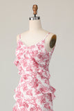 Blush Flower Sheath Spaghetti Straps Ruffled Long Wedding Guest Dress with Slit