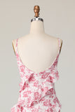 Blush Flower Sheath Spaghetti Straps Ruffled Long Wedding Guest Dress with Slit