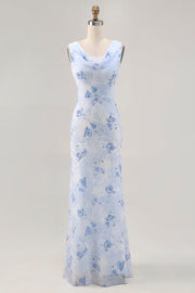 Blue Flower Cowl Neck Sheath Long Wedding Guest Dress