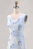 Blue Flower Cowl Neck Sheath Long Wedding Guest Dress